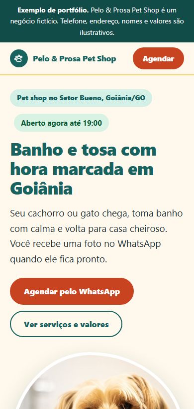 Exemplo de site de pet shop aberto no celular
