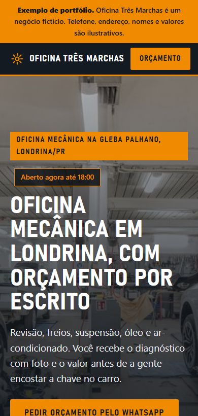 Exemplo de site de oficina mecânica aberto no celular