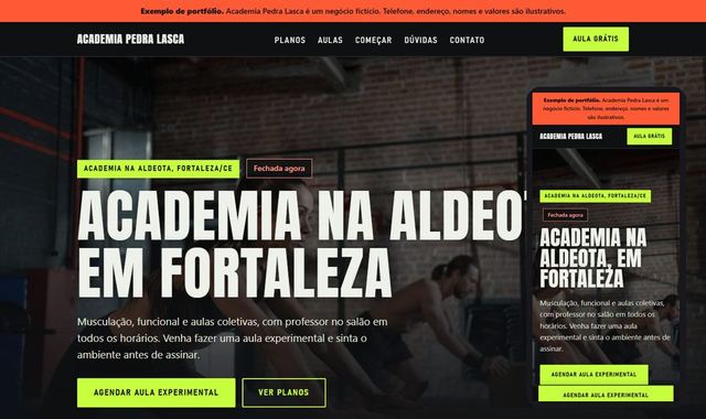 Prévia do site de exemplo de academia, em computador e celular
