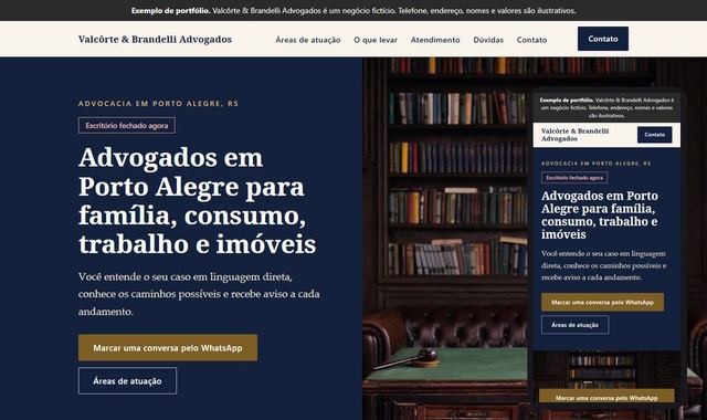 Prévia do site de exemplo de escritório de advocacia, em computador e celular