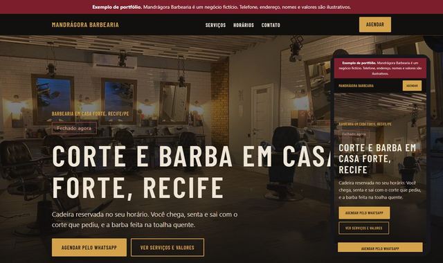 Prévia do site de exemplo de barbearia, em computador e celular
