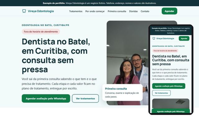 Prévia do site de exemplo de consultório odontológico, em computador e celular