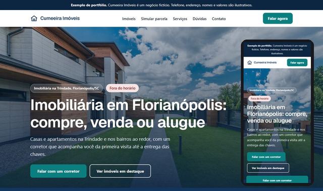 Prévia do site de exemplo de imobiliária, em computador e celular