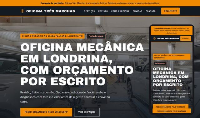 Prévia do site de exemplo de oficina mecânica, em computador e celular