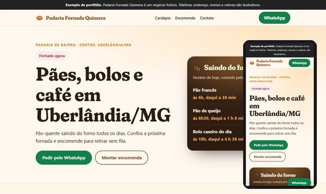 Prévia do site de exemplo de padaria, em computador e celular