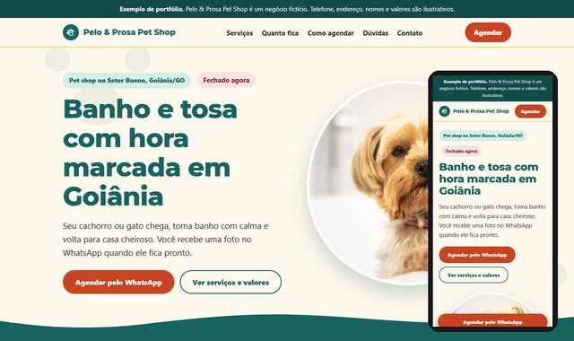 Prévia do site de exemplo de pet shop, em computador e celular