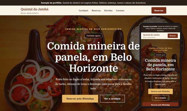 Prévia do site de exemplo de restaurante, em computador e celular