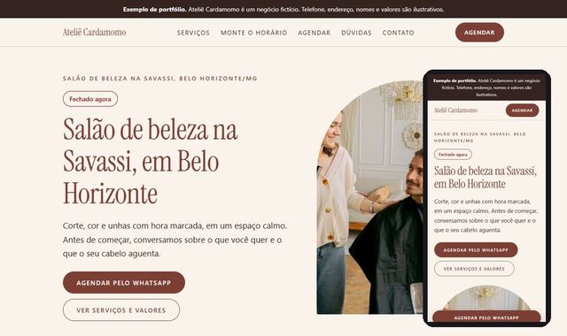 Prévia do site de exemplo de salão de beleza, em computador e celular