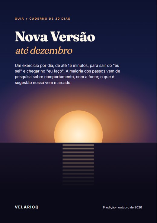 Capa do guia Nova Versão até Dezembro: um sol nascendo sobre o horizonte, com o título em destaque